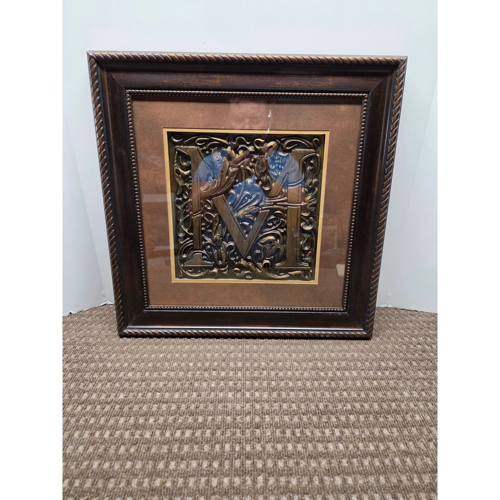 Ornate Monogram Letter M Framed 3D Wall Art Bronze Tone Scrollwork 18.5x18.5